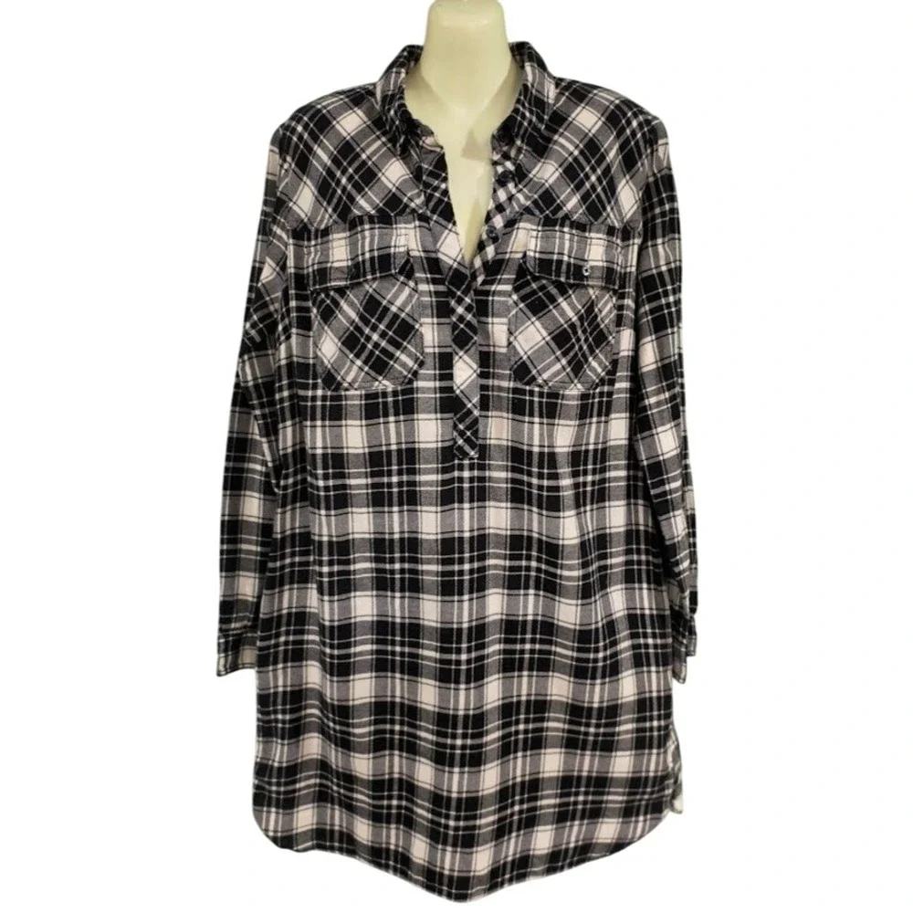 J. Crew Plaid Tunic Shirt Dress Black White Long Sleeve Pockets‎ Size Medium
